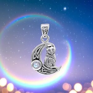 Cat Crescent Moon with Rainbow Moonstone Sterling Silver Pendant